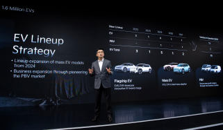 Kia CEO Ho Sung Song presenting brand&#039;s EV line-up strategy on stage